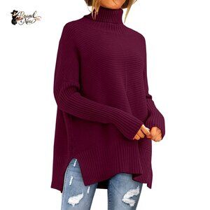 Oversized Turtleneck Sweater Batwing Sleeve Ribbed Tunic Pullover